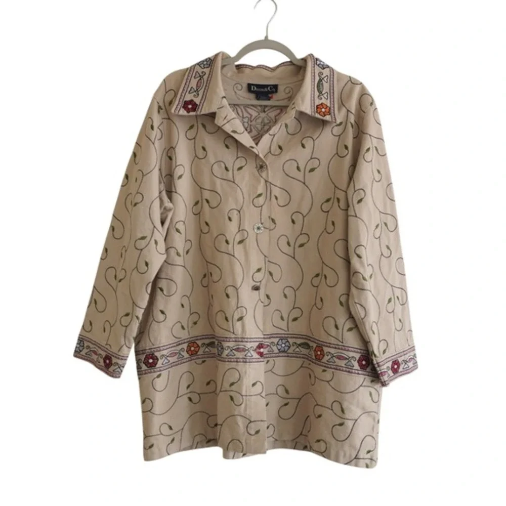 Denim & Co Tan Embroidered Floral Cotton Jacket‎ Plus Size 1X Cottagecore Boho